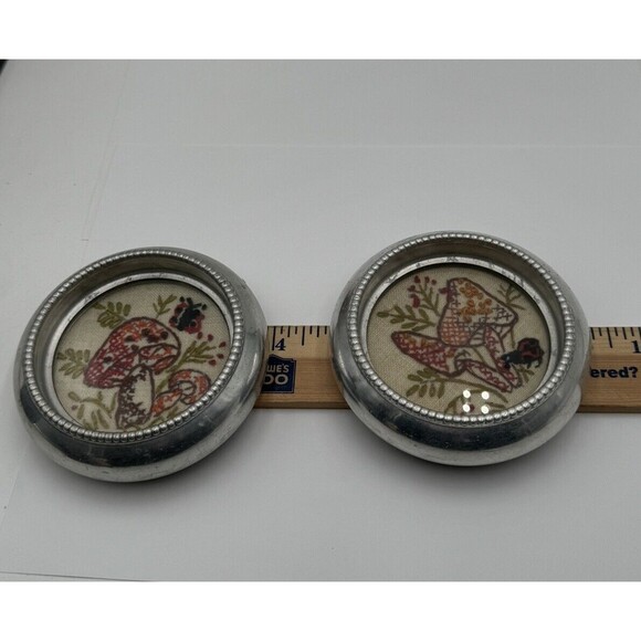 Vintage Embroidered Coasters Mushrooms Decorative Silver Tone Metal Set Of 2 HK - Picture 8 of 11